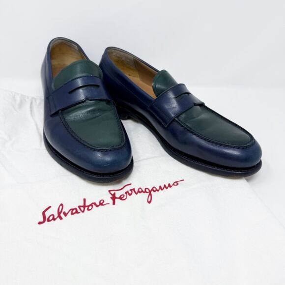 Salvatore Ferragamo Navy & Dark Green Color Block Leather Penny Loafers Size 8EE - Picture 12 of 12